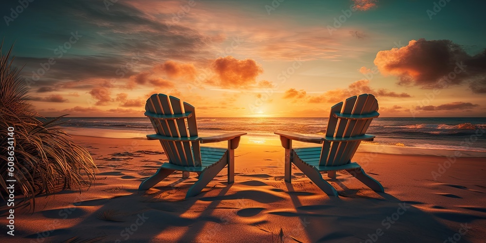 Sunrise Ocean View. Paradise Beach Chairs in the Serene Seascape Sunrise Ocean View. Paradise Beach Chairs in the Serene Seascape