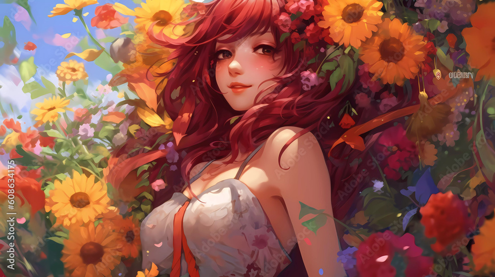 hand drawn illustration of a girl in beautiful flowers
