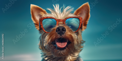 Joyful Moments. Funny Smiling Biewer Terrier Dog Soaks up the Sun. Generative AI © Bartek