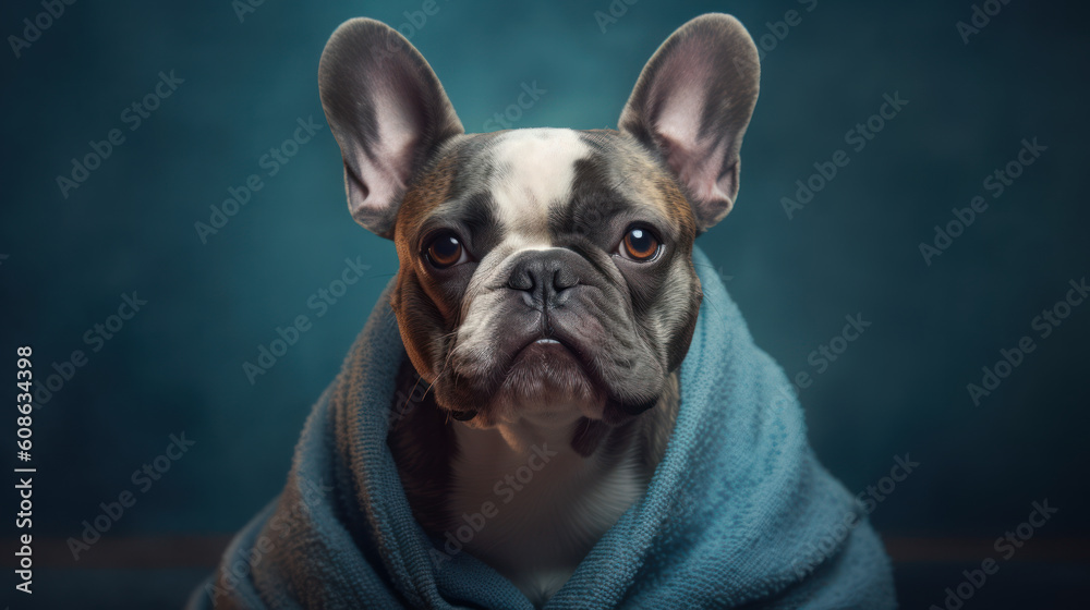 Studio photo shot of Funny French Bulldog dog in blue towel on plain dark blue background. Generative AI