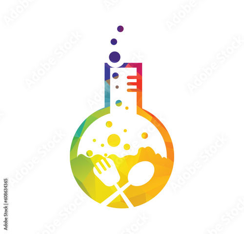 Food Lab logo vector icon illustration design template. lab logo.Lab test tube with spoon and fork.