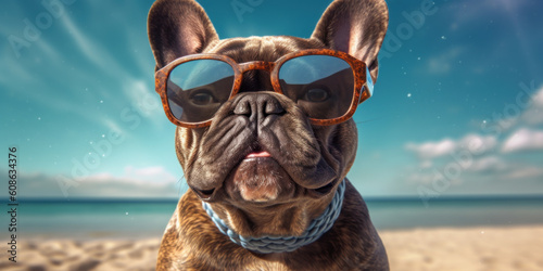Coastal Companion: Cute French Bulldog Poses with Sunglasses on the Beach. Generative AI © Bartek