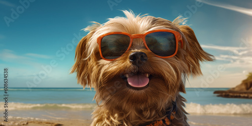 Summer Delight: Shih Tzu Dog with Funny Expression, Stylish Sunglasses, Beach Adventure. Generative AI