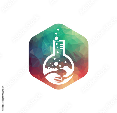 Food Lab logo vector icon illustration design template. lab logo.Lab test tube with spoon and fork.