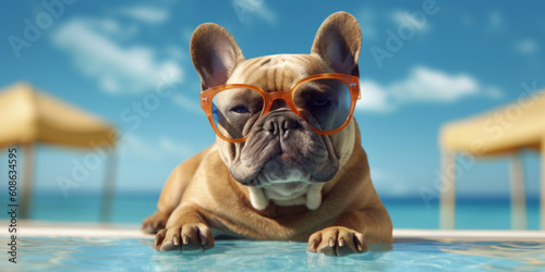 Fun in the Sun: Smiling French Bulldog Wearing Sunglasses Enjoys the Beach Pool. Generative AI