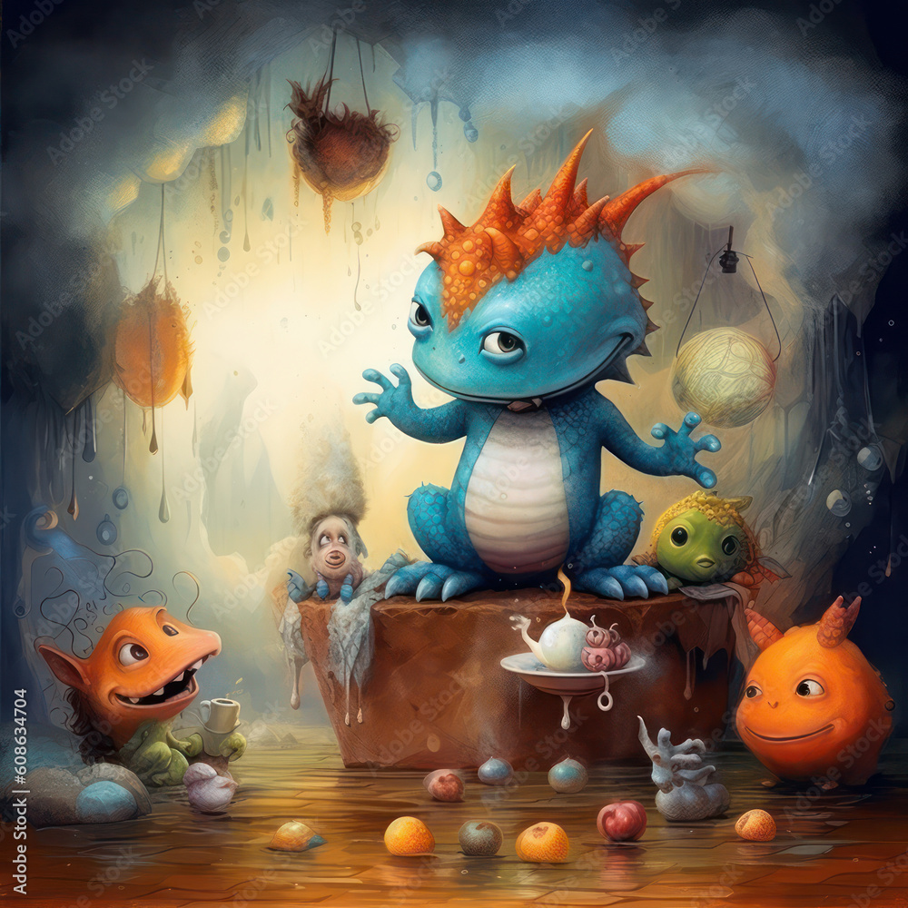 Naklejka premium Cute Dragons, Childrens Book Illustration, Generative AI