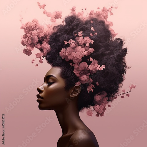 Pretty black girl surrealism flowers coming out of her hair side profile.