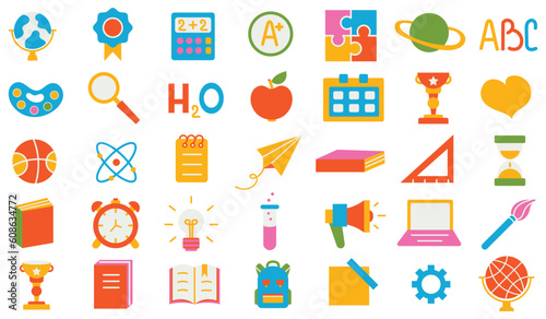Back to school. A set of flat icons of stationery for studying at school. Collection of isolated education colorful kids accessory. vector object stuff design. cartoon graphic patch element children