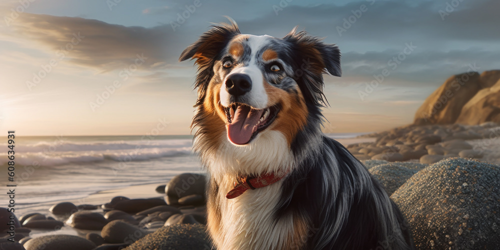 Australian Shepherd Dog Enjoying a Sunny Day at the Beach: Cute Smiling Pose. Generative AI