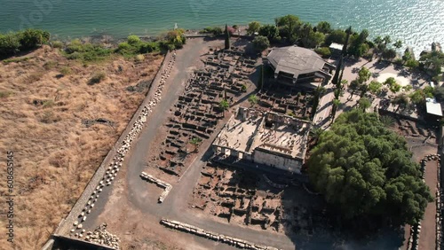 Capernaum Ancient Ruins Near Kinneret, Israel, 4K Aerial Drone photo