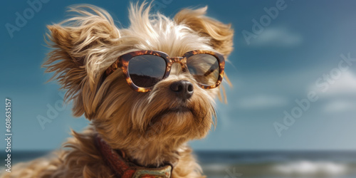 Playful Yorkshire Terrier Dog with a Funny Expression in Sunglasses: Beach Delights. Generative AI © Bartek