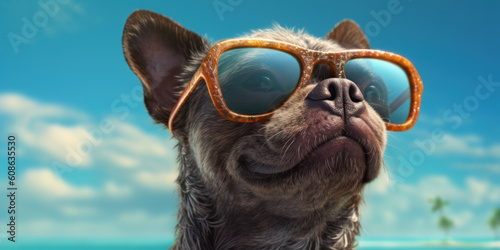 Sunny Side Up: Smiling Brussels Griffon Dog Wearing Sunglasses Enjoys Beach Fun. Generative AI.