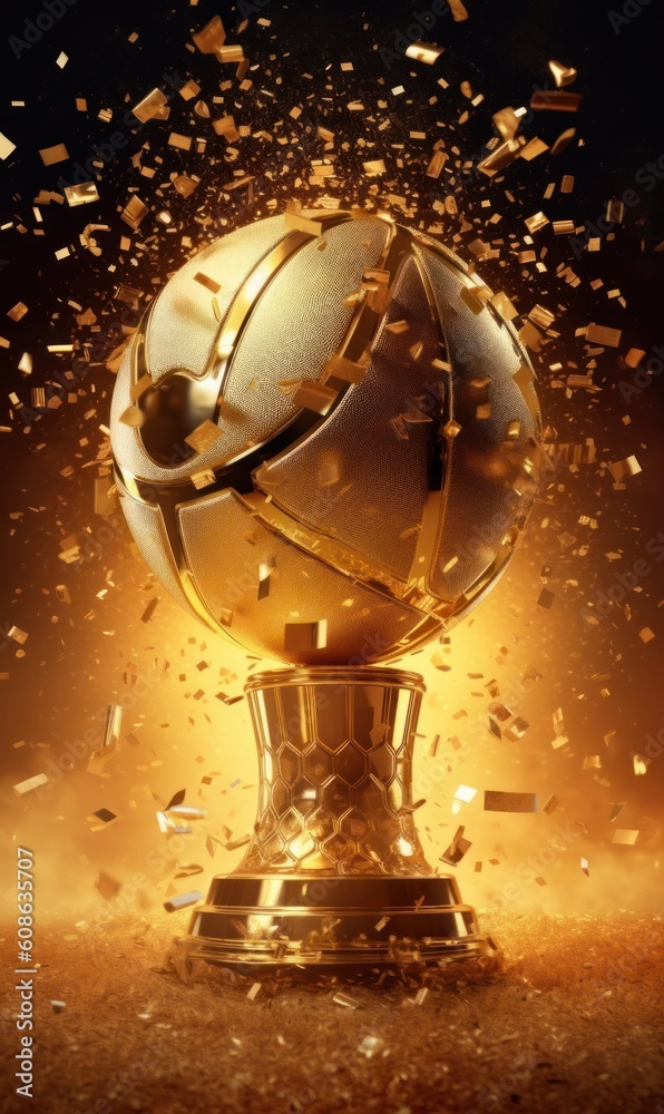Golden trophy with a hole in the middle. The trophy is surrounded by gold confetti. Concept of celebration and achievement Golden trophy with a hole in the middle. The trophy is surrounded by gold confetti. Concept of celebration and achievement