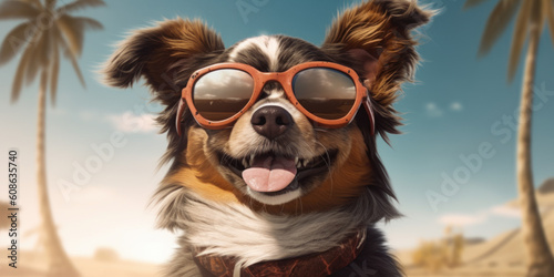 Summer Chuckles: Cute Papillon Dog in Sunglasses Delights on the Sandy Beach. Generative AI. © Bartek