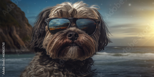 Hilarious Expression: Funny-Faced Lhasa Apso Dog in Sunglasses on the Sandy Beach. Generative AI © Bartek