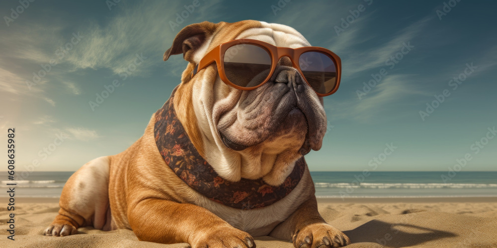 Beachy Bulldogs: Adorable Dog with a Funny Expression Poses in Sunglasses by the Seaside. Generative AI