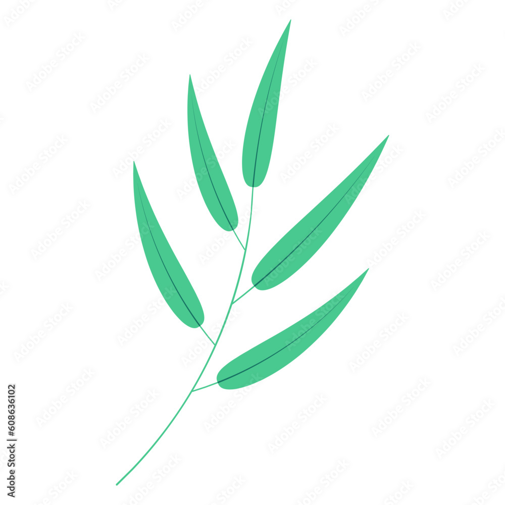 Fototapeta premium Bamboo, willow branch with leaves illustration. Hand drawn flat style vector, isolated. Plant, foliage, botanical design element, Asian flora