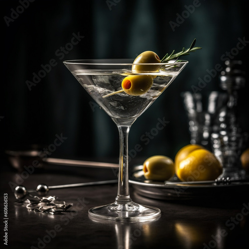 Classic Martini Cocktail Made With Gin or vodka, dry vermouth with olives, served in martini glass. AI generated