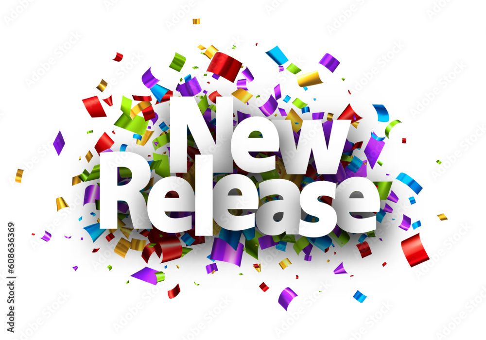 New release sign over cut out foil ribbon confetti background. New release sign over cut out foil ribbon confetti background.