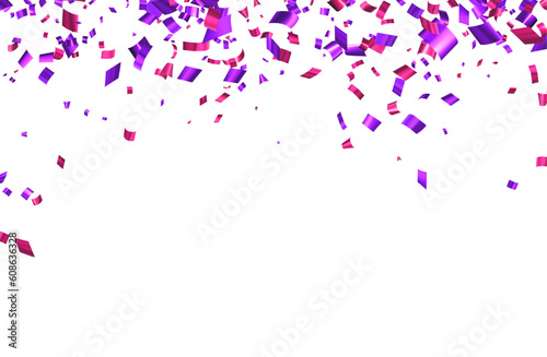 Falling purple cut out foil ribbon confetti background with space for text.