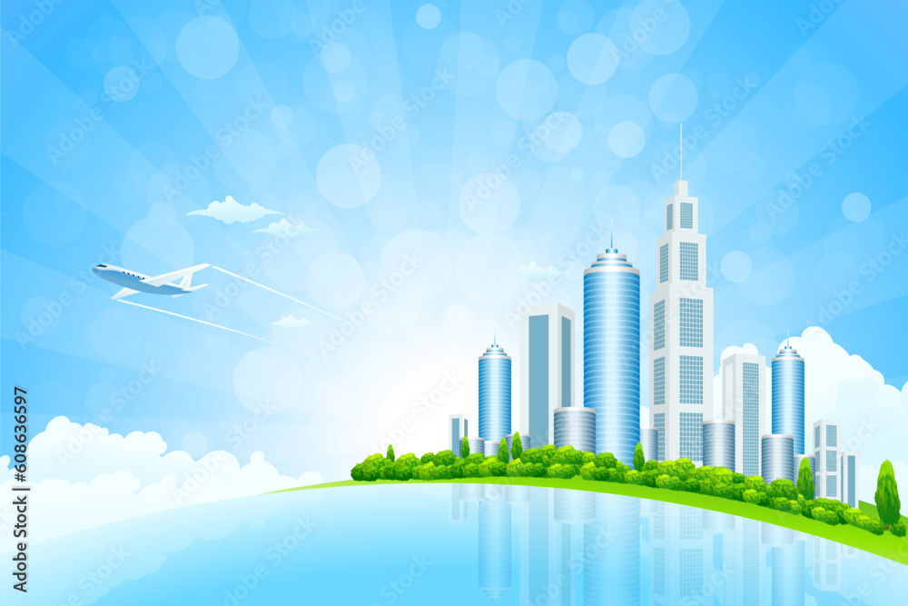 Business City Island with Aircraft on Green Background