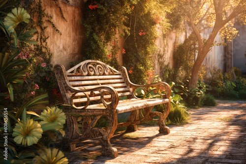 Beautiful and atmospheric illustration with bench in medieval garden. Empty space for character. Cinematic, volumetric light, realistic environment made with Generative AI photo