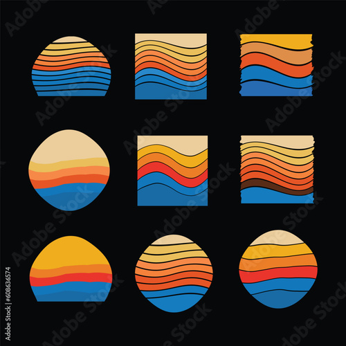 Set of vintage retro sunset illustrations vector background, 70s 80s Old Color, different shape retro sunset style Collection design element for t-shirt, prints, retro vintage striped vector 