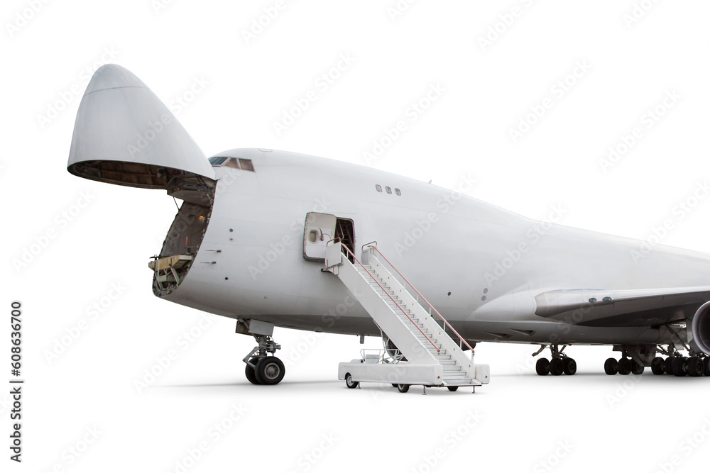 Wide body cargo airliner with an open nose hatch isolated on transparent background - obrazy, fototapety, plakaty 