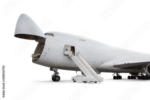 Wide body cargo airliner with an open nose hatch isolated on transparent background