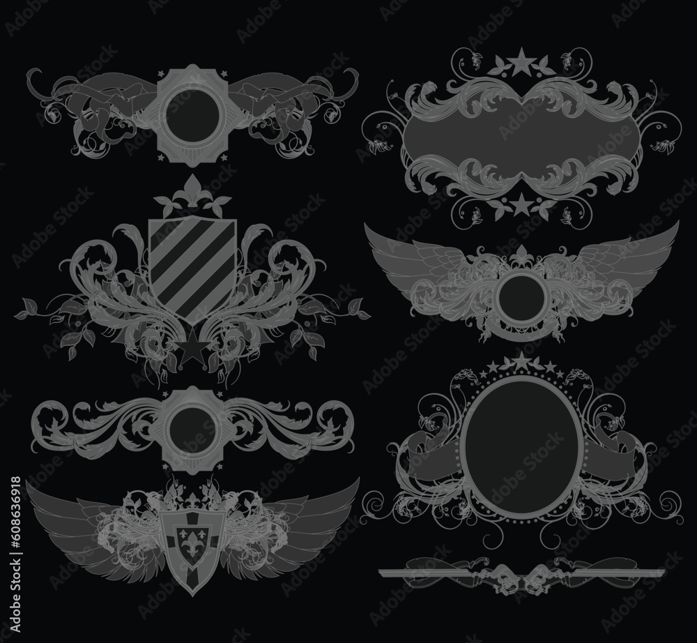 set of ornamental heraldic elements, this illustration may be useful as designer work set of ornamental heraldic elements, this illustration may be useful as designer work