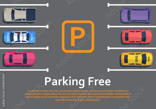 Cars are standing on parking view from above. Parking for cars. Street traffic and transport elements. Passenger machinery stand in traffic jam. Flat design.