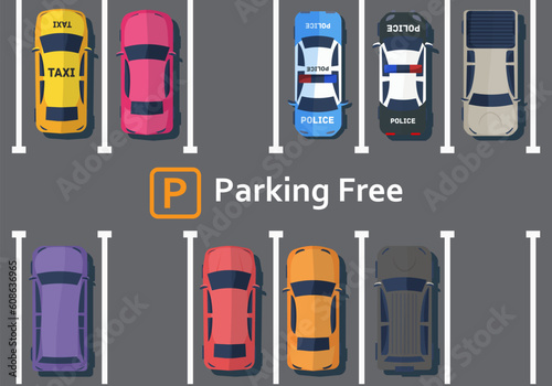 Cars are standing on parking view from above. Parking for cars. Street traffic and transport elements. Passenger machinery stand in traffic jam. Flat design.