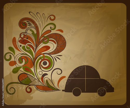 vector eco  concept composition with a car and floral exhaust coming from it  on crumpled paper texture, eps 10