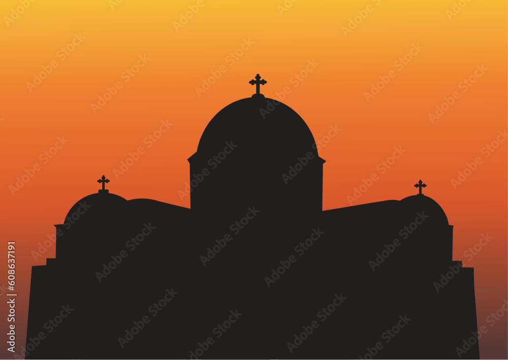 A Big Greek Orthodox Church Silhouette at Sunset