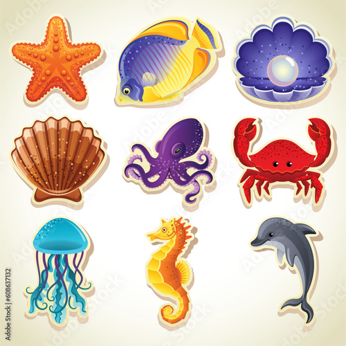 Vector illustration - Sea animals stickers icon set