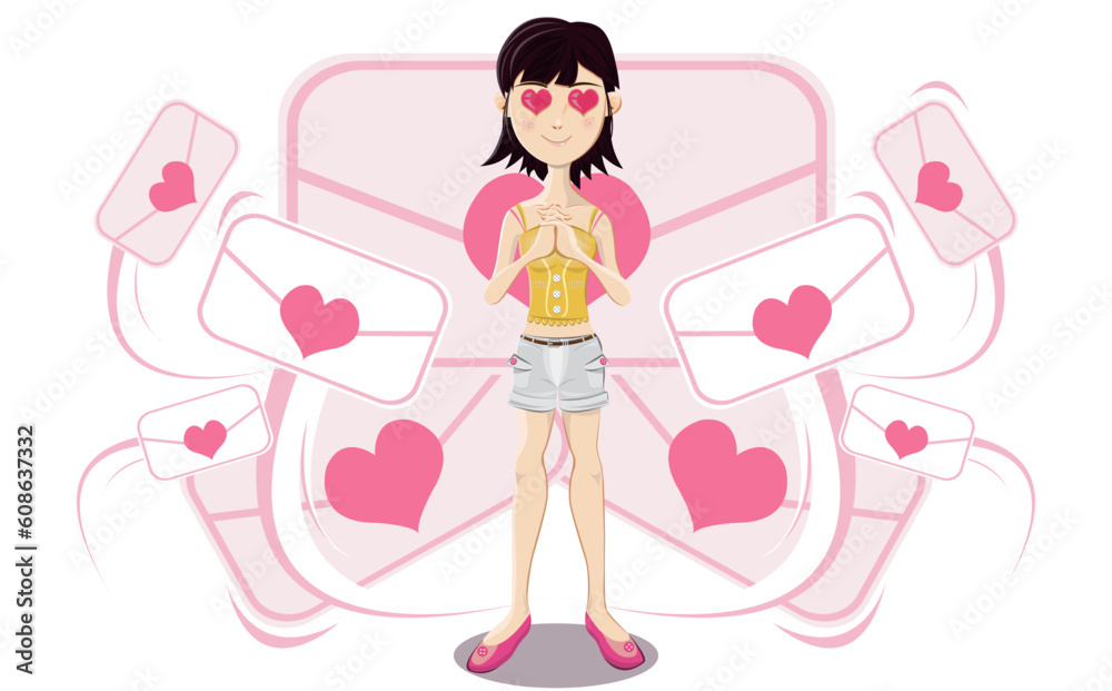Illustration of young girl fall in love waiting love letter Illustration of young girl fall in love waiting love letter