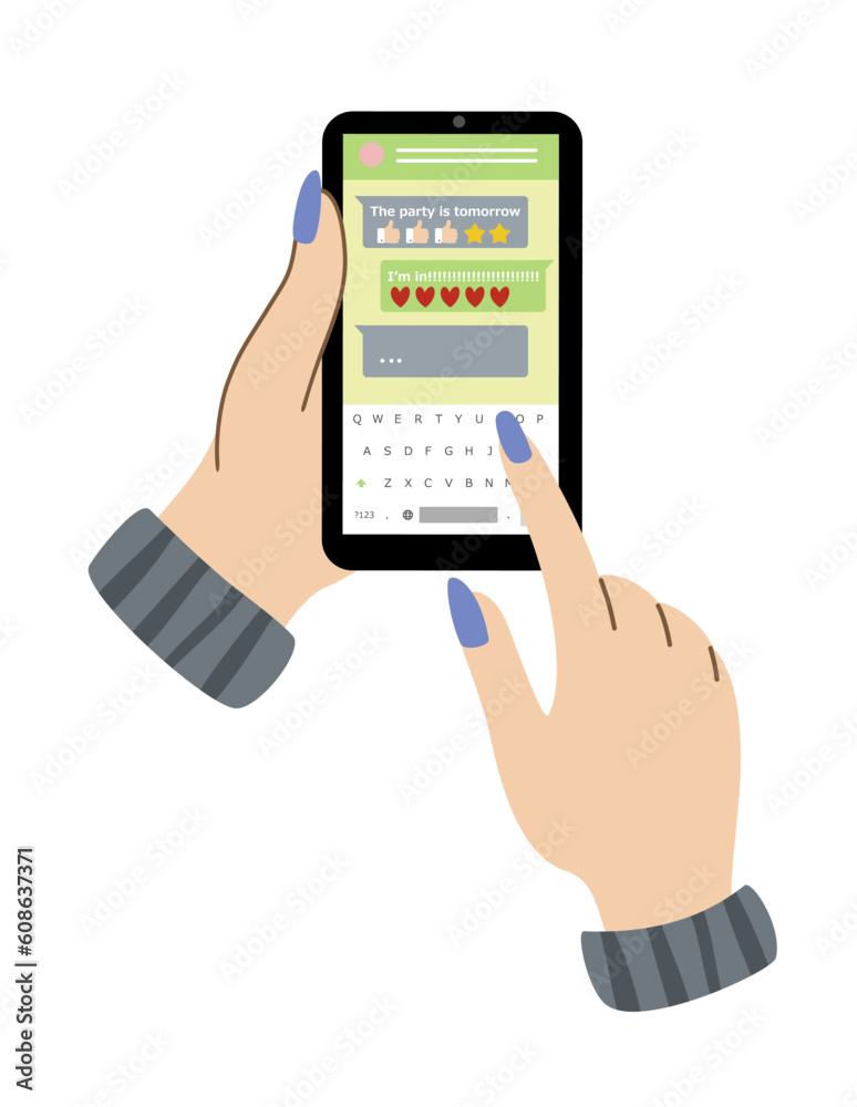 Hands with smartphone. Girl holding phone and chatting with friend. Send online message on social network. Internet communication on site. Cartoon flat vector illustration isolated on white background Hands with smartphone. Girl holding phone and chatting with friend. Send online message on social network. Internet communication on site. Cartoon flat vector illustration isolated on white background