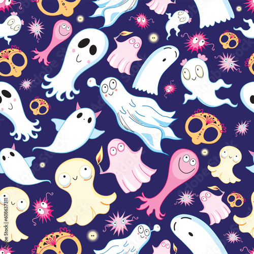 seamless pattern of a funny ghost on a dark background © Designpics