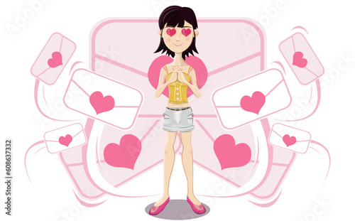 Illustration of young girl fall in love waiting love letter
