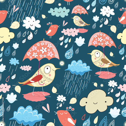 seamless graphic pattern of birds in the autumn and the rain on a dark background