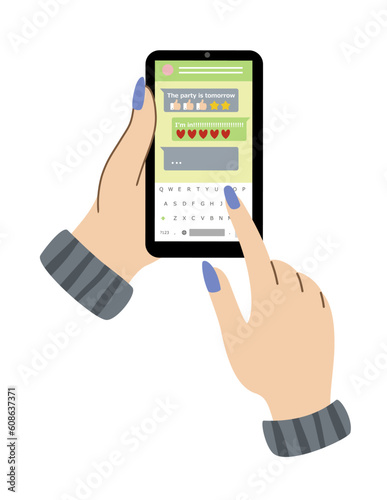 Hands with smartphone. Girl holding phone and chatting with friend. Send online message on social network. Internet communication on site. Cartoon flat vector illustration isolated on white background