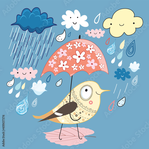 funny bird under an umbrella on a blue background with clouds and rain