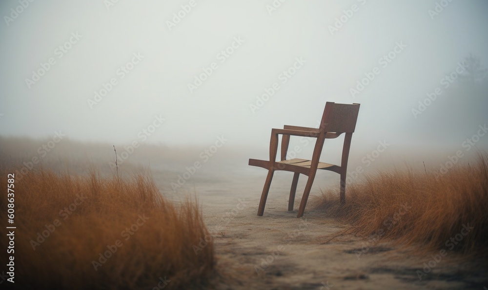  a wooden chair sitting on top of a dirt road next to tall grass.  generative ai