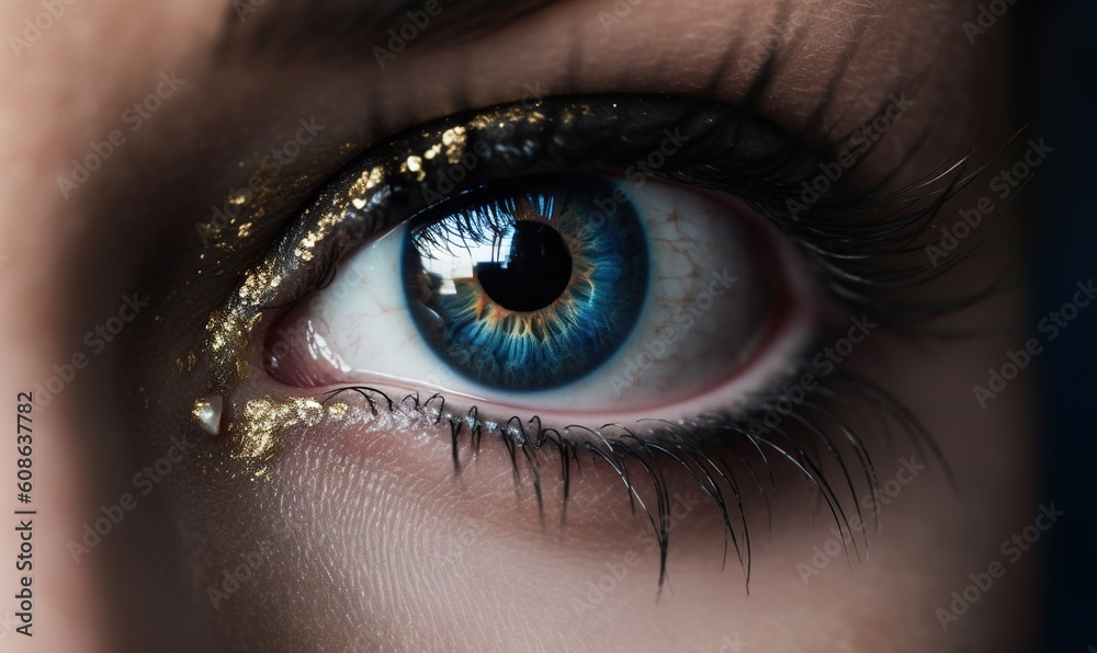  a close up of a person's eye with gold glitter on it.  generative ai
