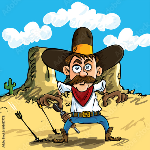 Cartoon cowboy drawing his guns in the desert