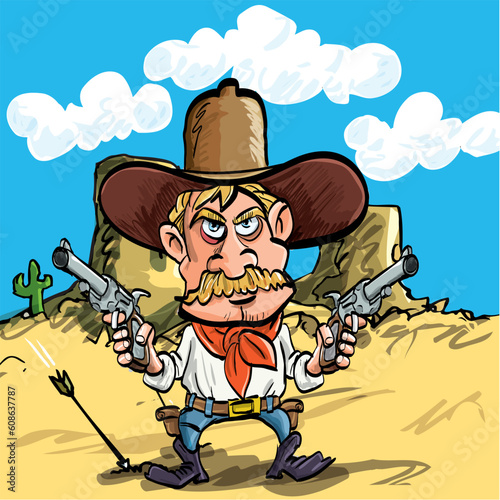 Cartoon cowboy drawing his guns in the desert