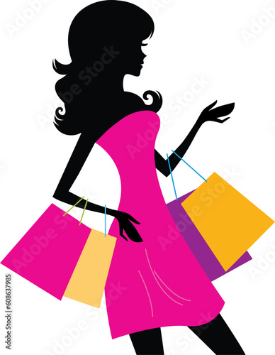 Shopping girl with pink bags silhouette. Vector illustration