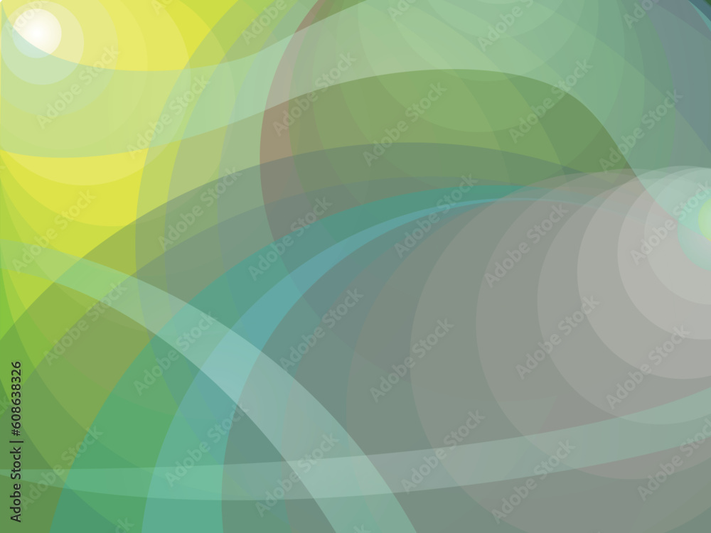 Dynamic abstract background with flowing shades of yellow, green and blue grey circles with waves.