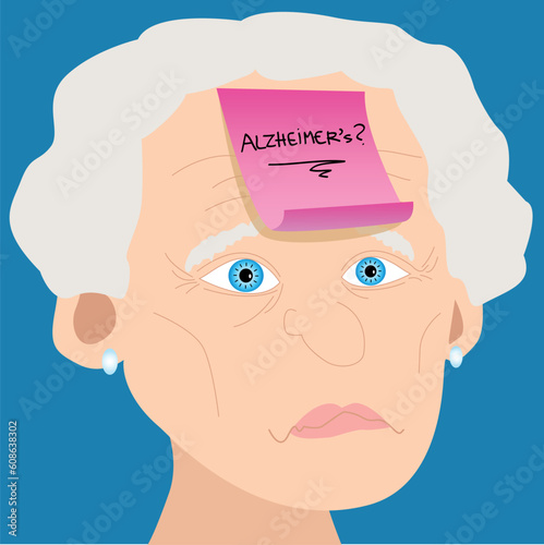 Memory loss or mental illness concept: cartoon of senior woman with sad face and pink sticky note with alzheimer's and question mark handwritten placed on forehead