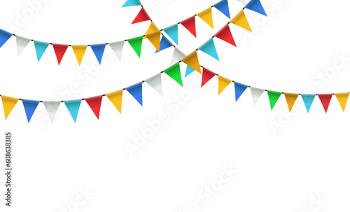 Festive garland of colorful flags on a blue background. Garland of triangular flags for birthday, holiday, party. Rainbow colors flat style, cartoon design. Vector illustration, EPS 10.